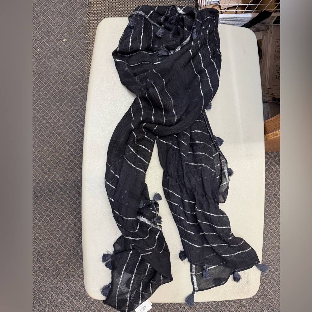 NEW NWT eileen fisher tencel organic cotton sparkle stripe scarf black silver